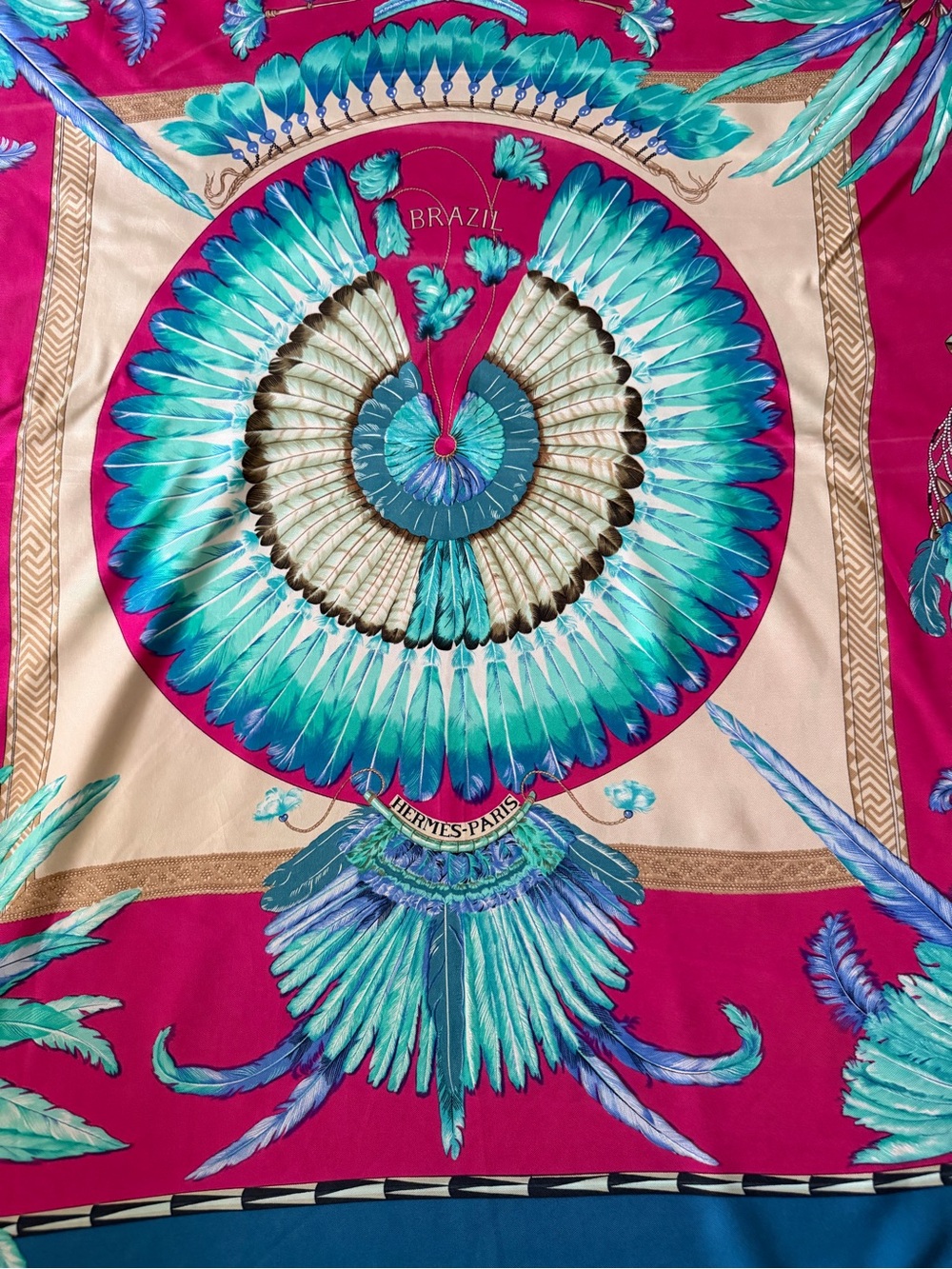 Hermès-Paris Brazil Feather Medallion Silk Scarf.